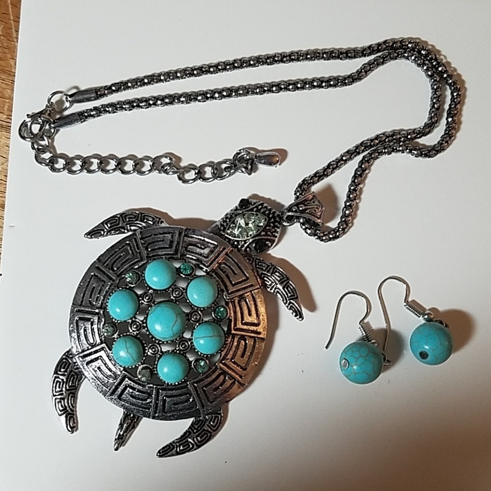 19" Silver Plate Turtle Faux Turquoise & Earrings